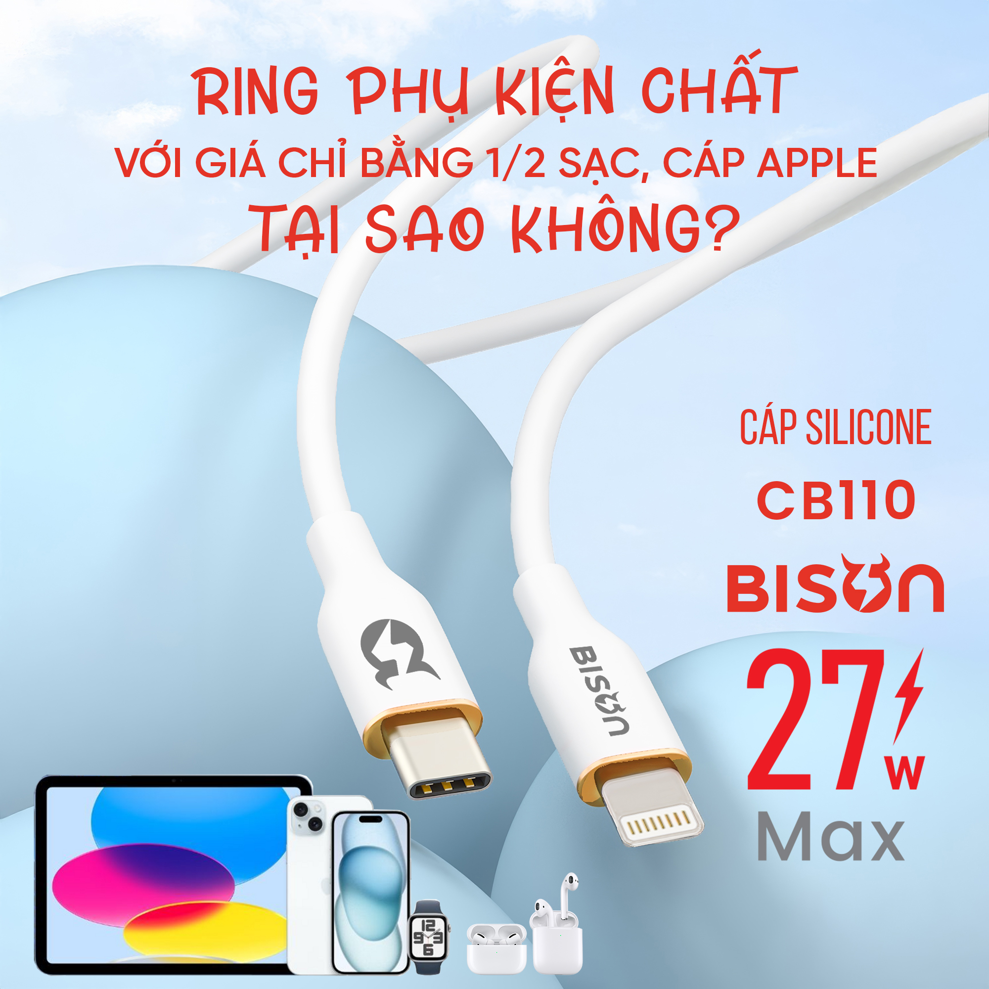 Cáp Silicone Bison 27W C to L CB110 (6)