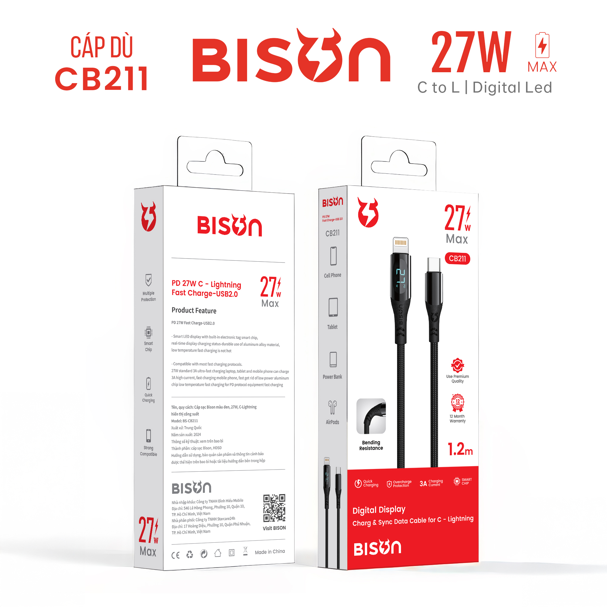 Cáp sạc Bison bọc dù 27W C to L, có đèn Digital LED hiển thị công suất sạc, CB211 (1)