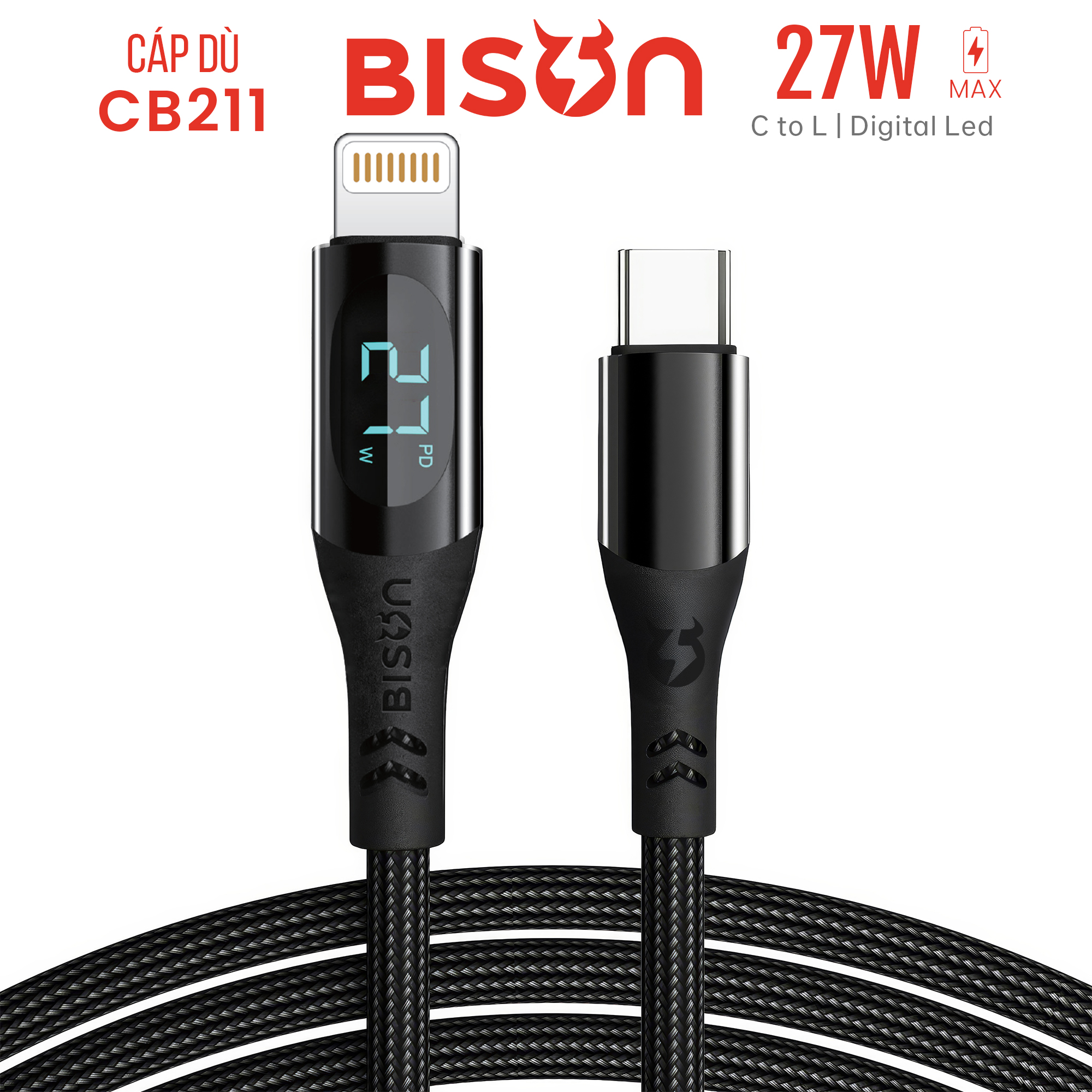 Cáp sạc Bison bọc dù 27W C to L, có đèn Digital LED hiển thị công suất sạc, CB211 (2)