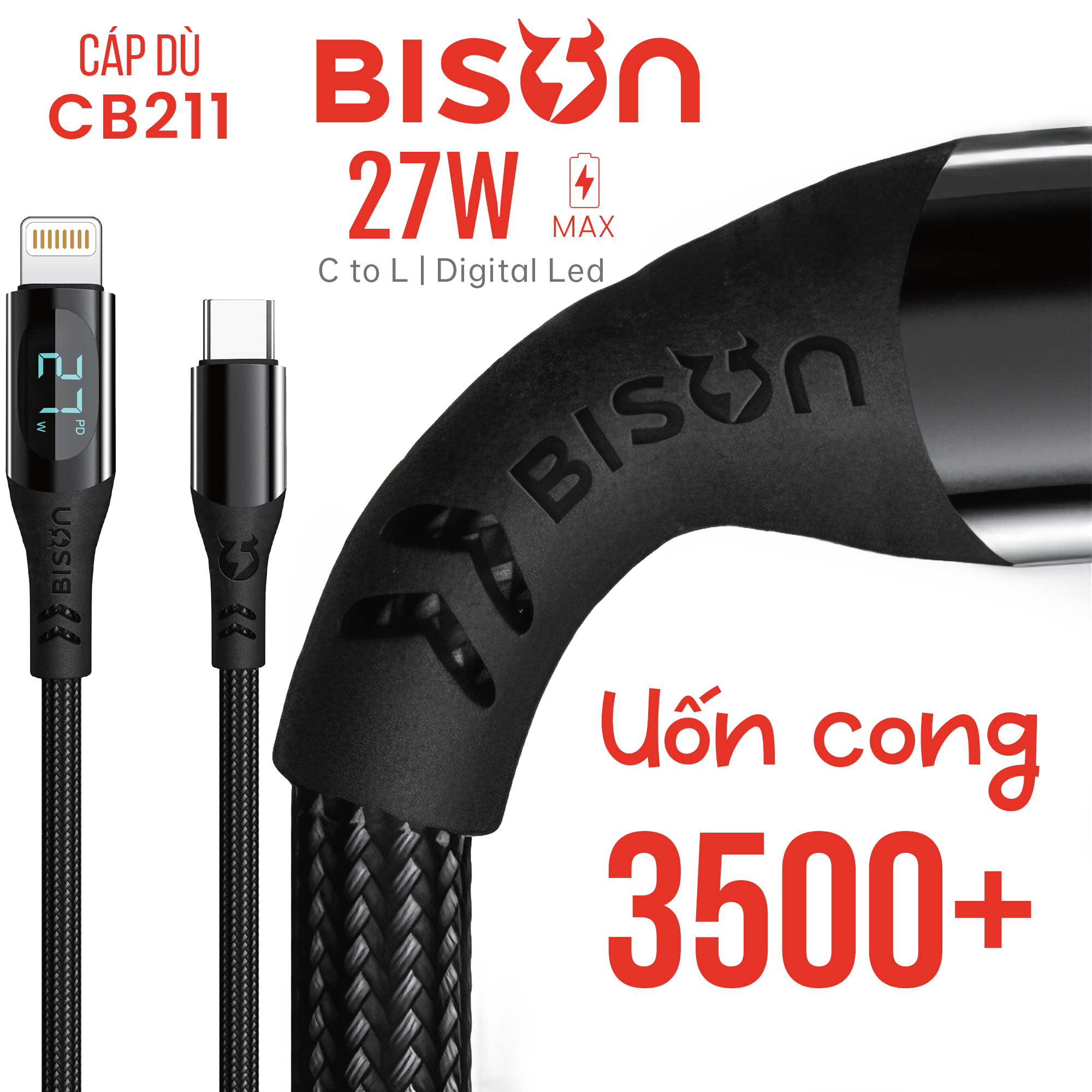 Cáp sạc Bison bọc dù 27W C to L, có đèn Digital LED hiển thị công suất sạc, CB211 (3)