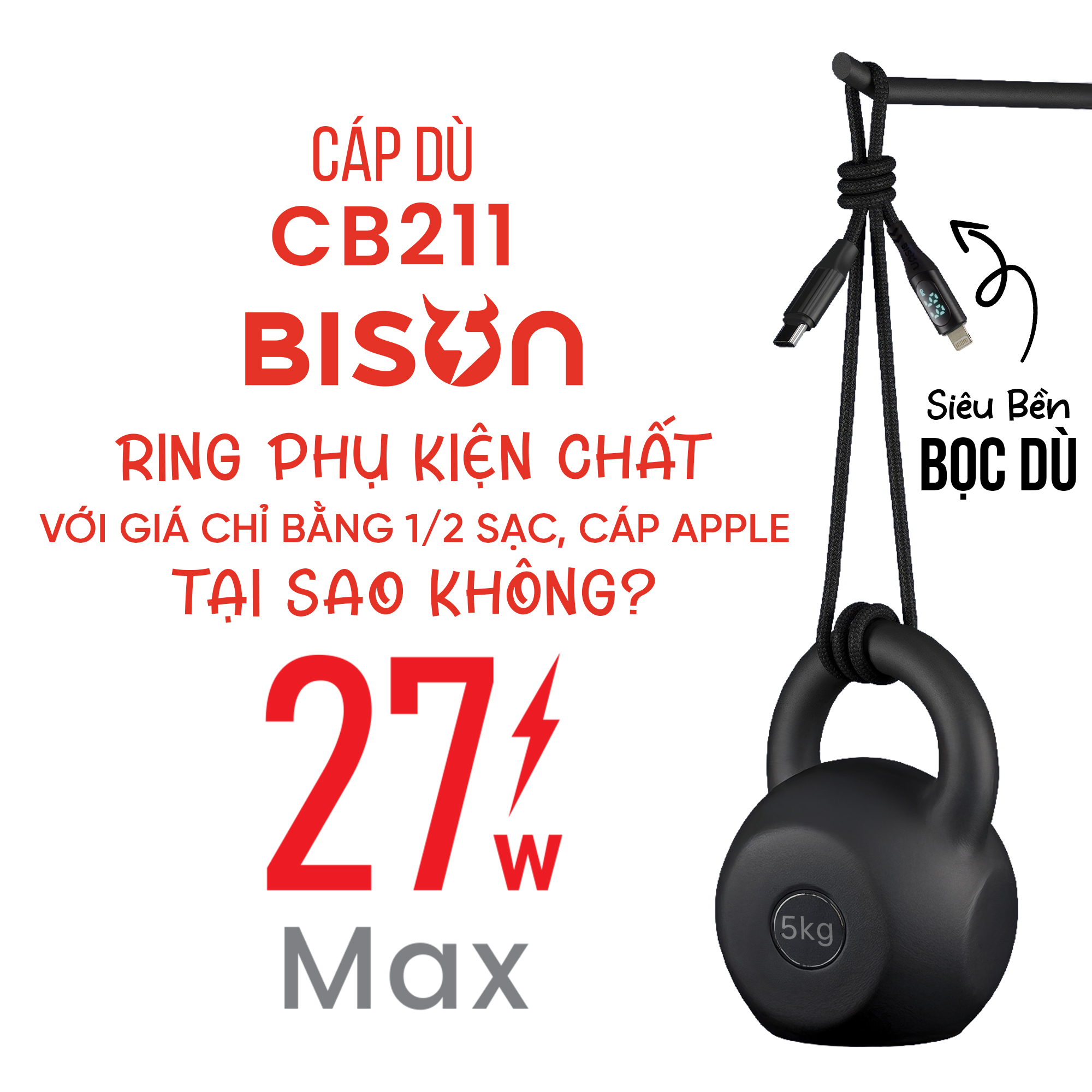 Cáp sạc Bison bọc dù 27W C to L, có đèn Digital LED hiển thị công suất sạc, CB211 (4)