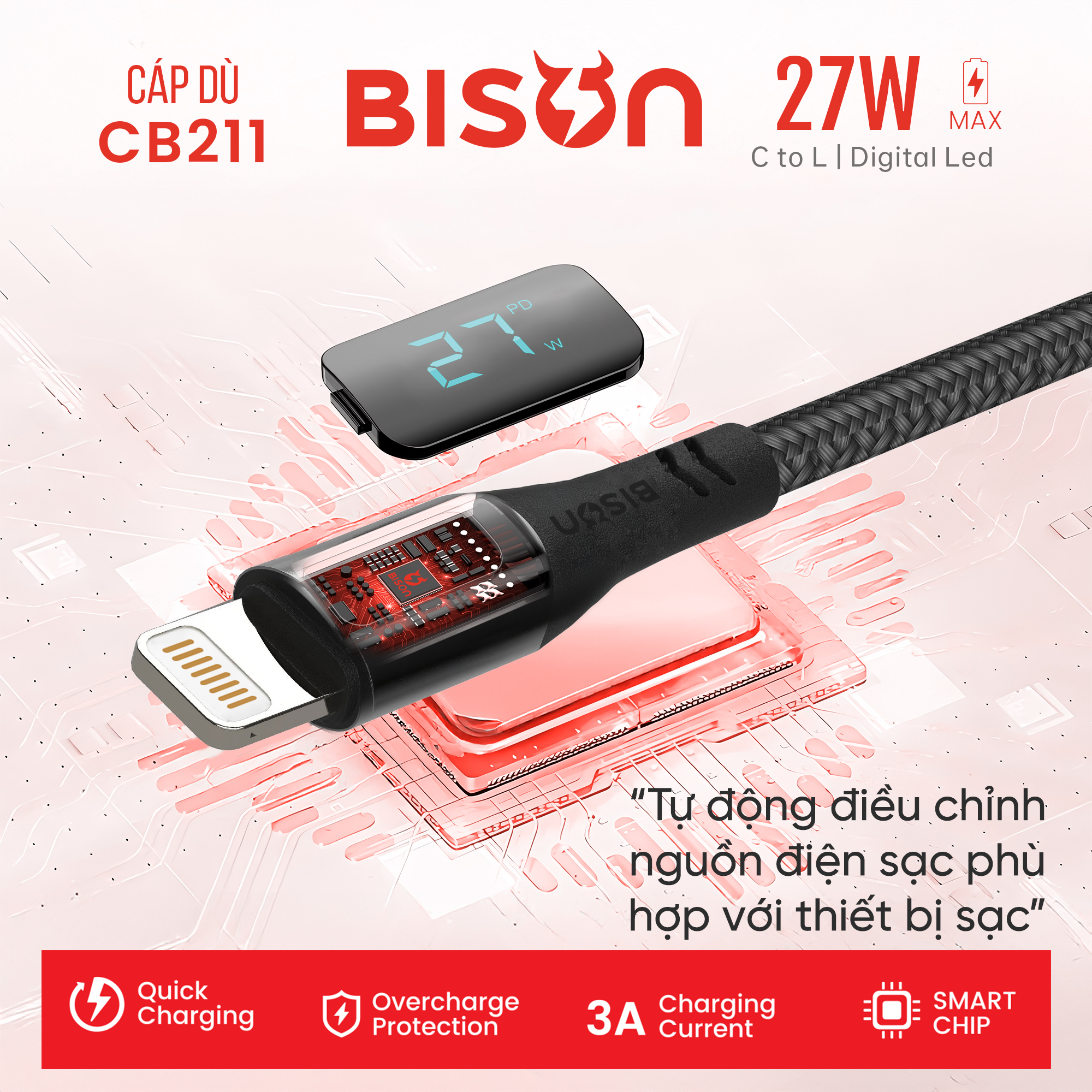 Cáp sạc Bison bọc dù 27W C to L, có đèn Digital LED hiển thị công suất sạc, CB211 (5)