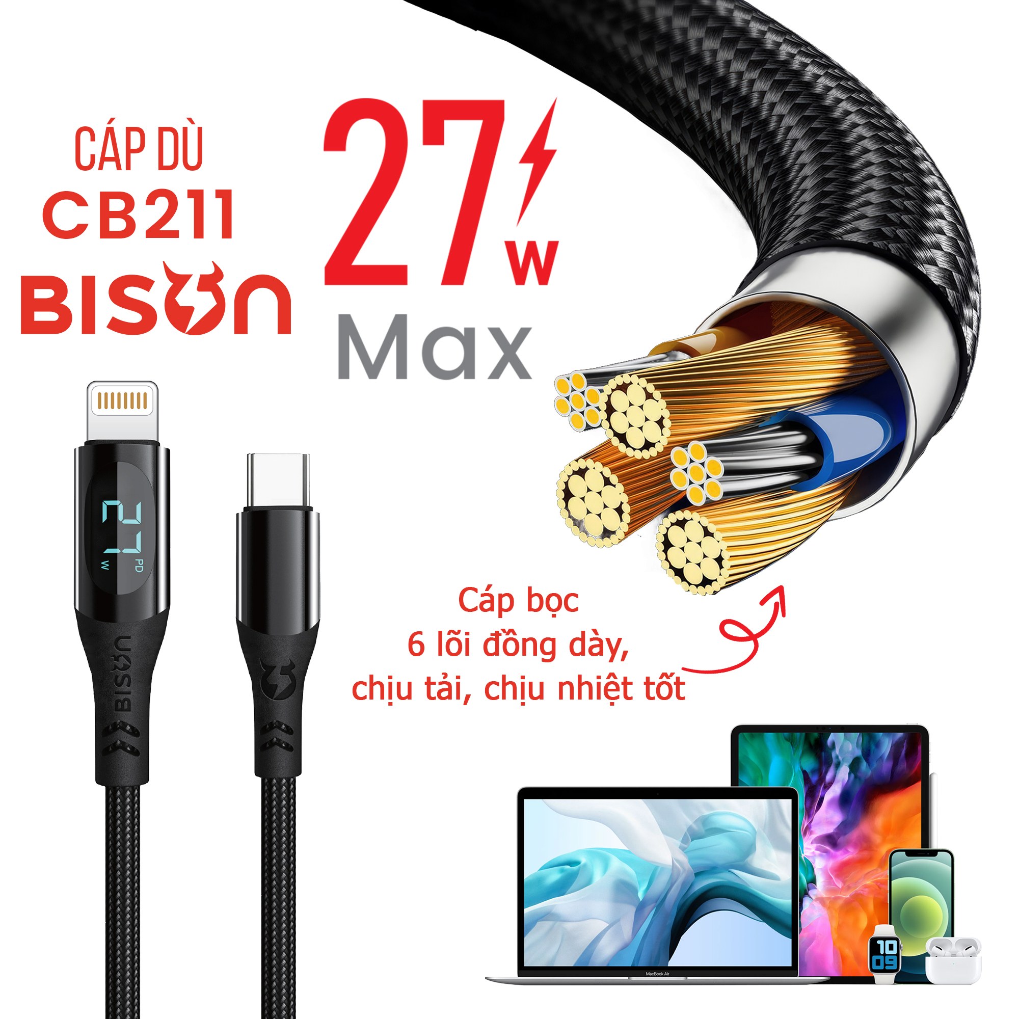 Cáp sạc Bison bọc dù 27W C to L, có đèn Digital LED hiển thị công suất sạc, CB211 (6)