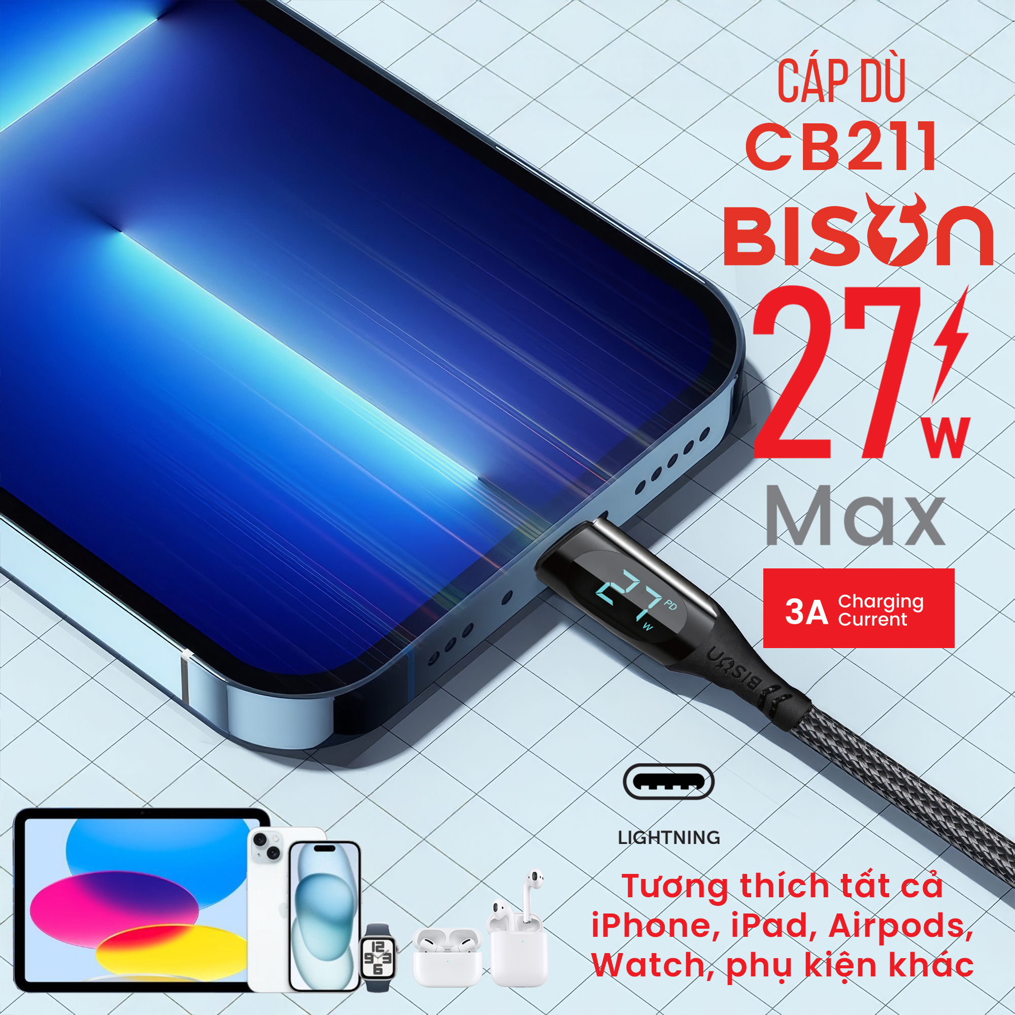 Cáp sạc Bison bọc dù 27W C to L, có đèn Digital LED hiển thị công suất sạc, CB211 (7)