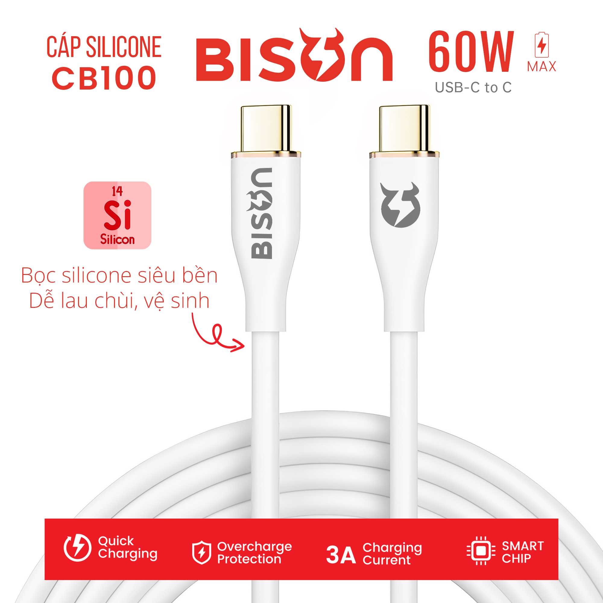 Cáp silicone Bison 60W, USB-C to C (C to C), sạc nhanh PD, CB100 (10)