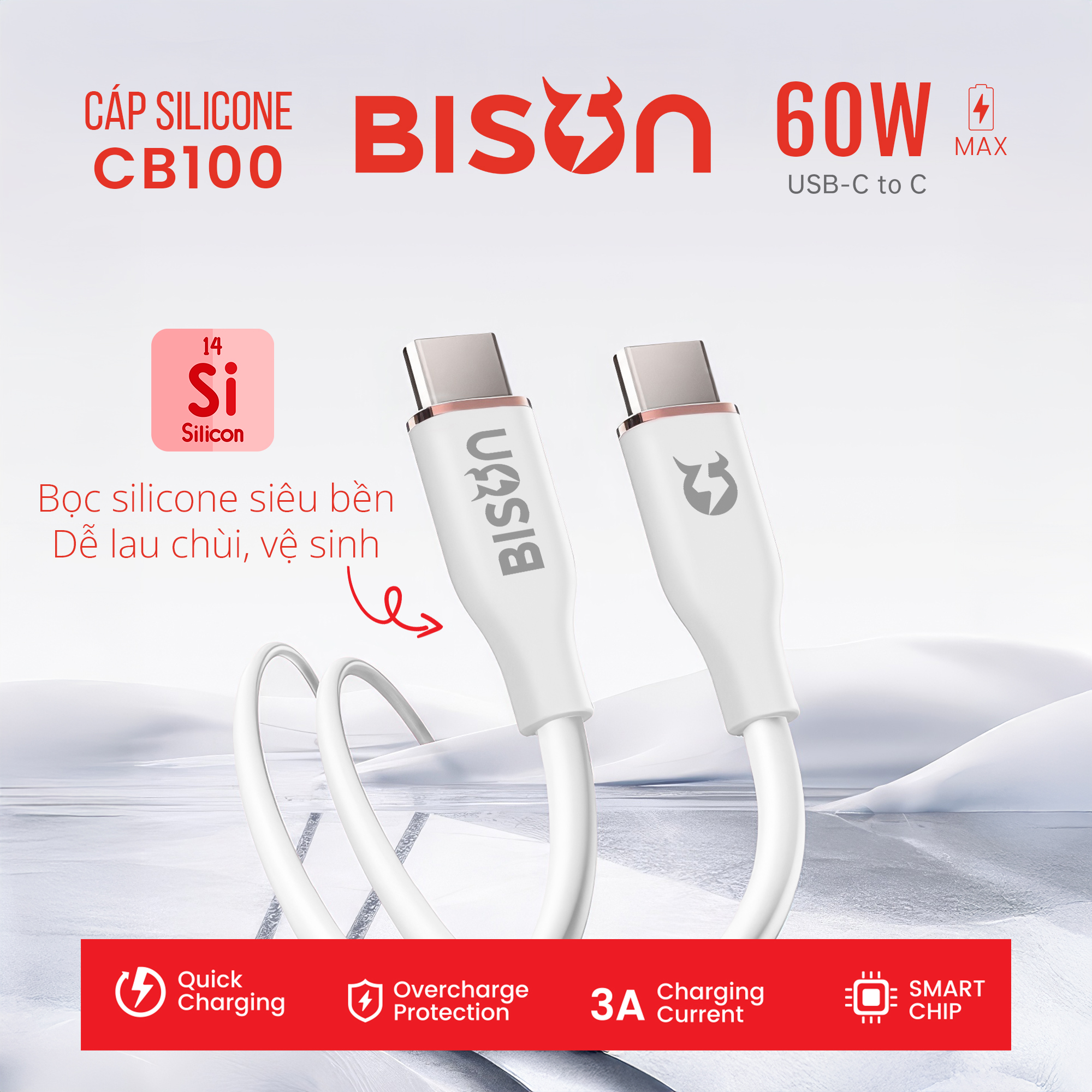 Cáp silicone Bison 60W, USB-C to C (C to C), sạc nhanh PD, CB100 (2)