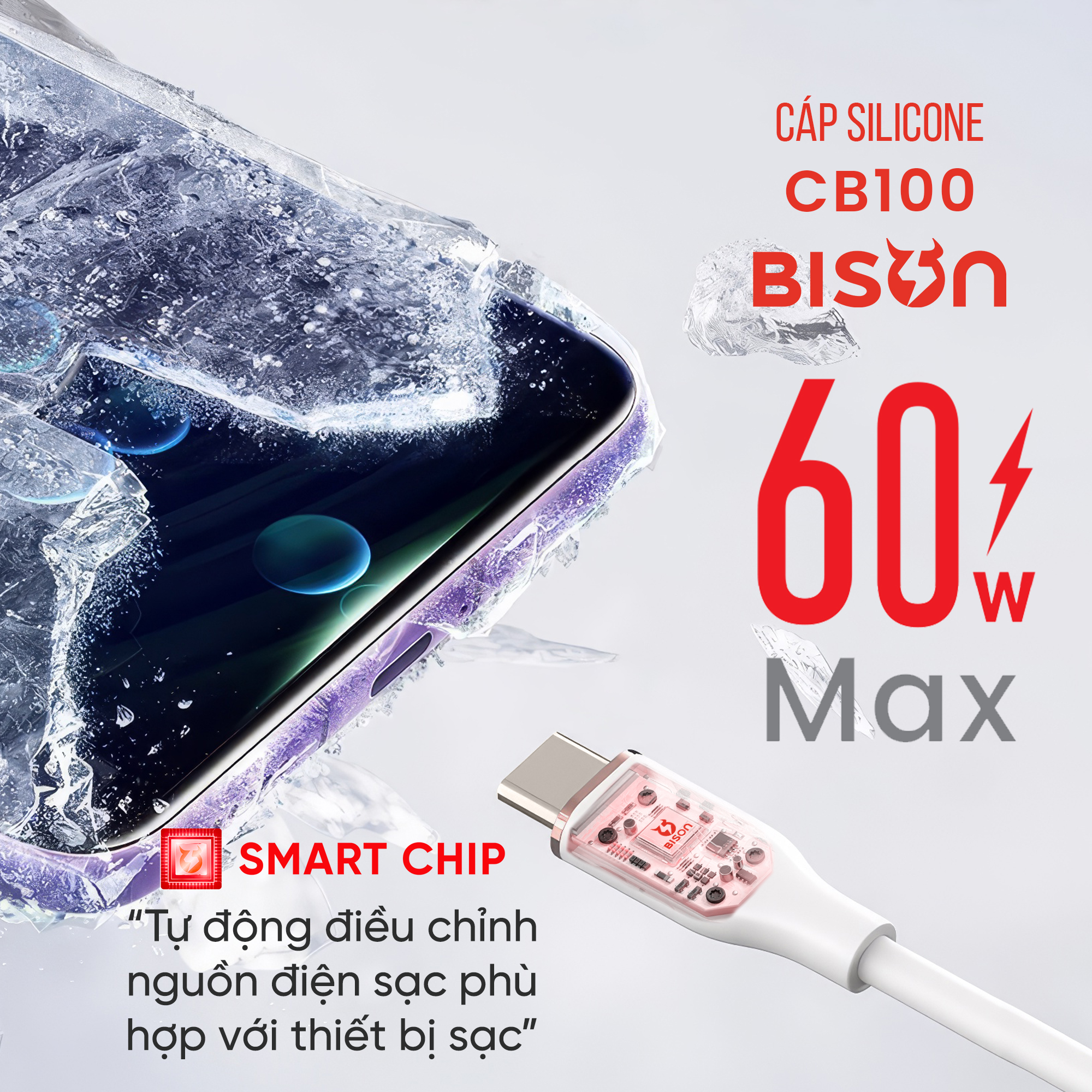 Cáp silicone Bison 60W, USB-C to C (C to C), sạc nhanh PD, CB100 (4)