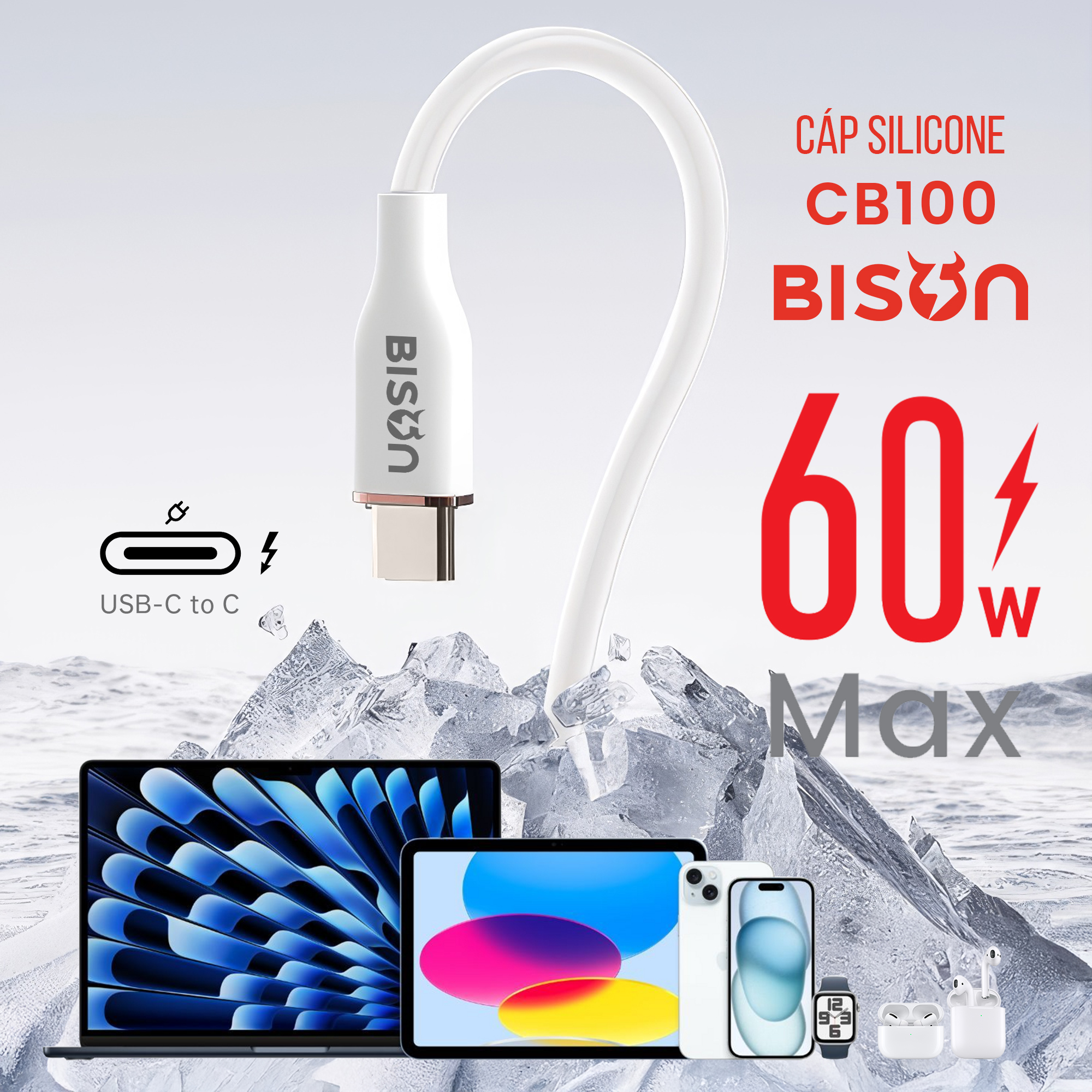 Cáp silicone Bison 60W, USB-C to C (C to C), sạc nhanh PD, CB100 (5)