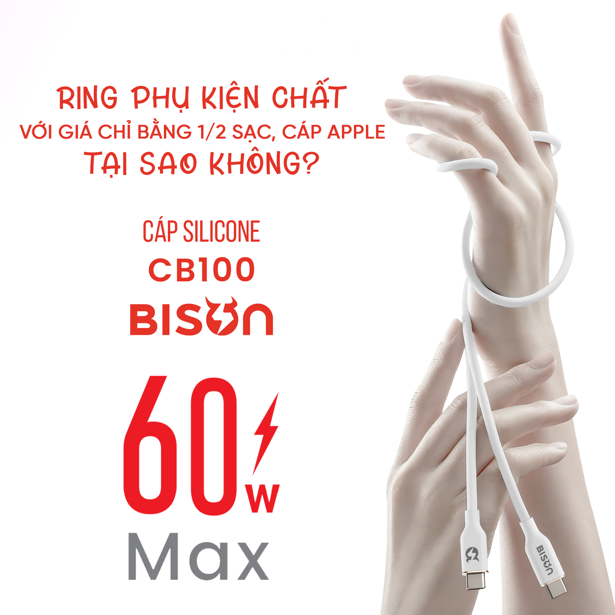 Cáp silicone Bison 60W, USB-C to C (C to C), sạc nhanh PD, CB100 (6)