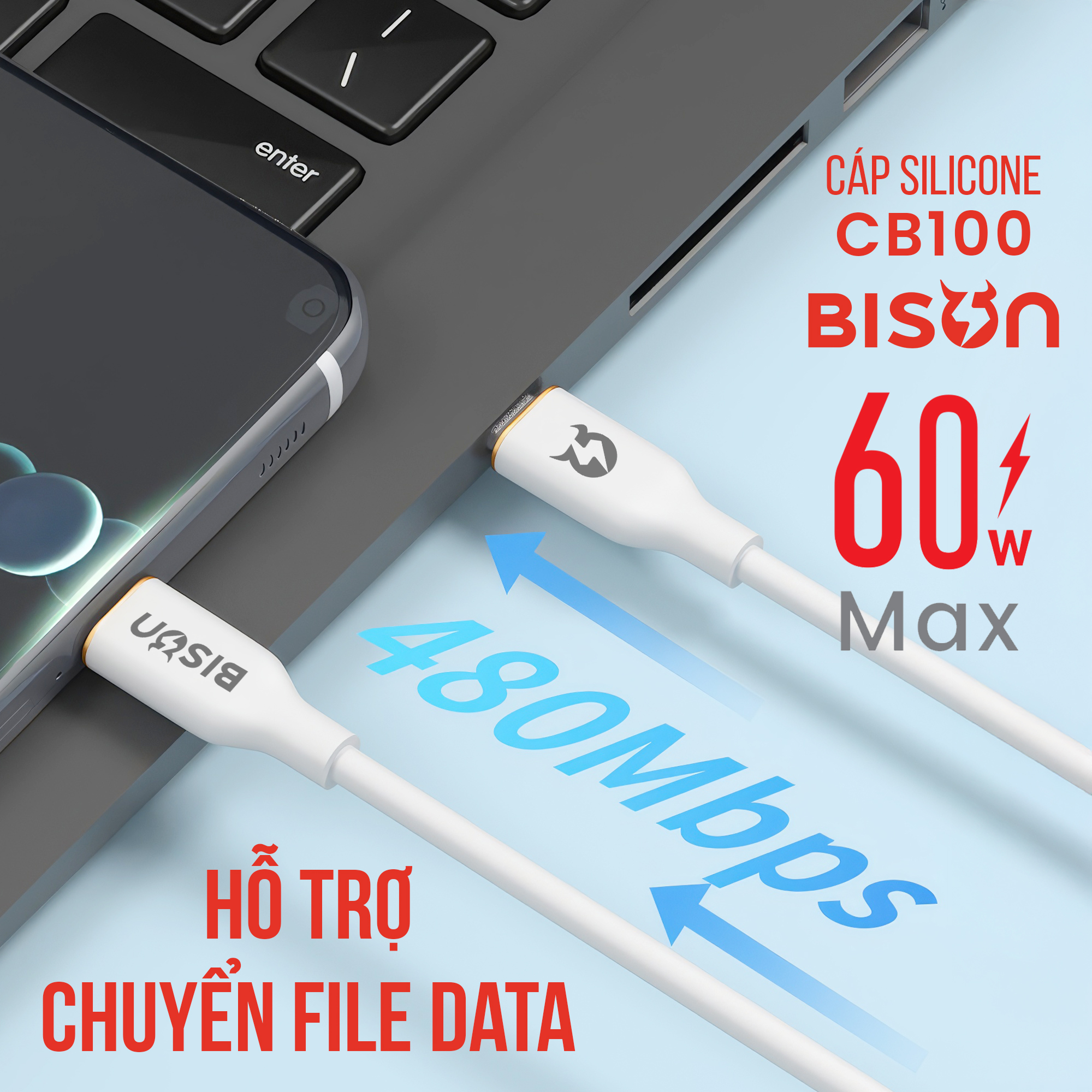 Cáp silicone Bison 60W, USB-C to C (C to C), sạc nhanh PD, CB100 (7)