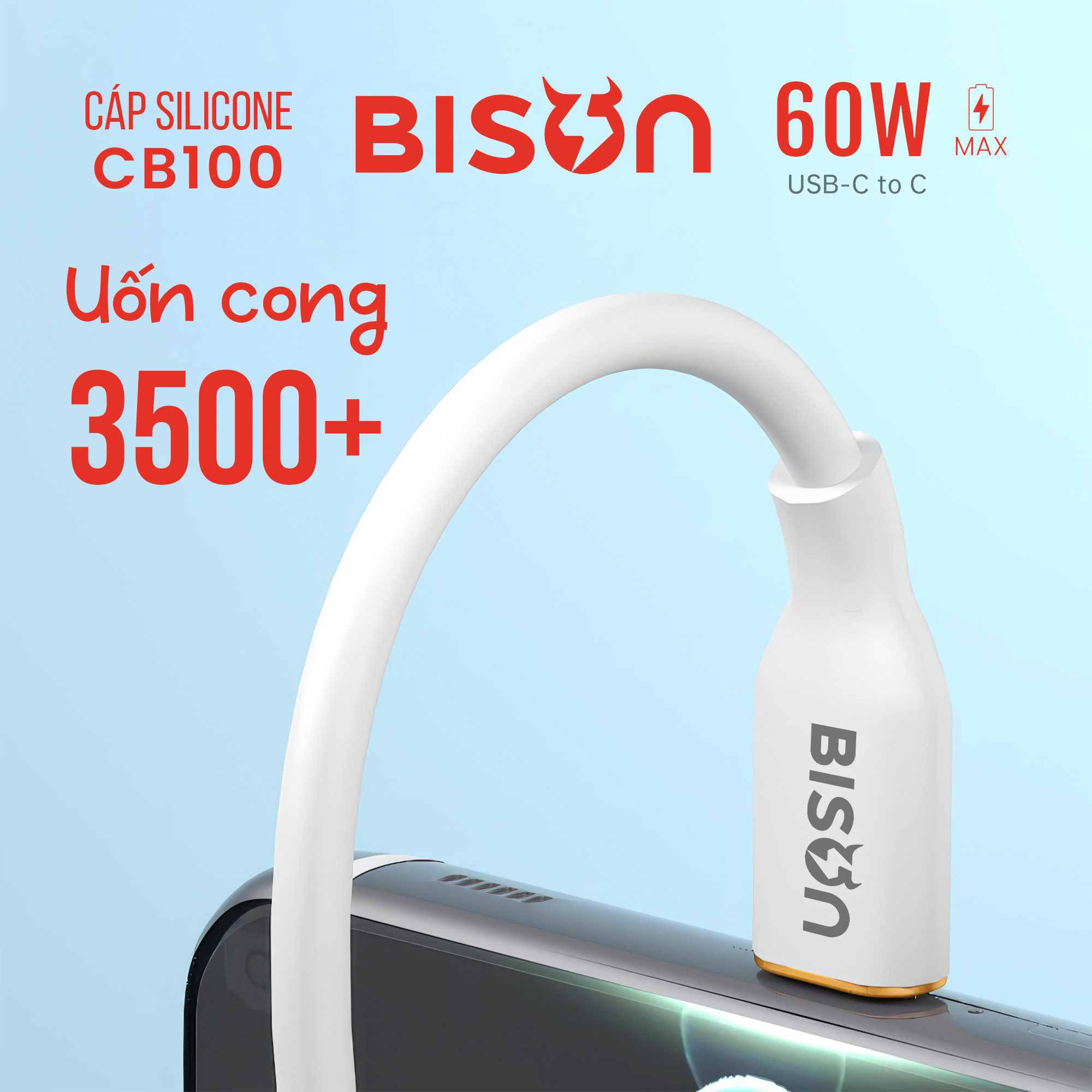Cáp silicone Bison 60W, USB-C to C (C to C), sạc nhanh PD, CB100 (8)