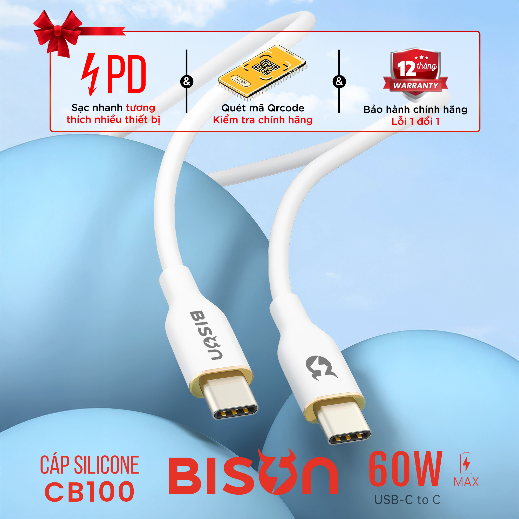 Cáp silicone Bison 60W, USB-C to C (C to C), sạc nhanh PD, CB100 (9)