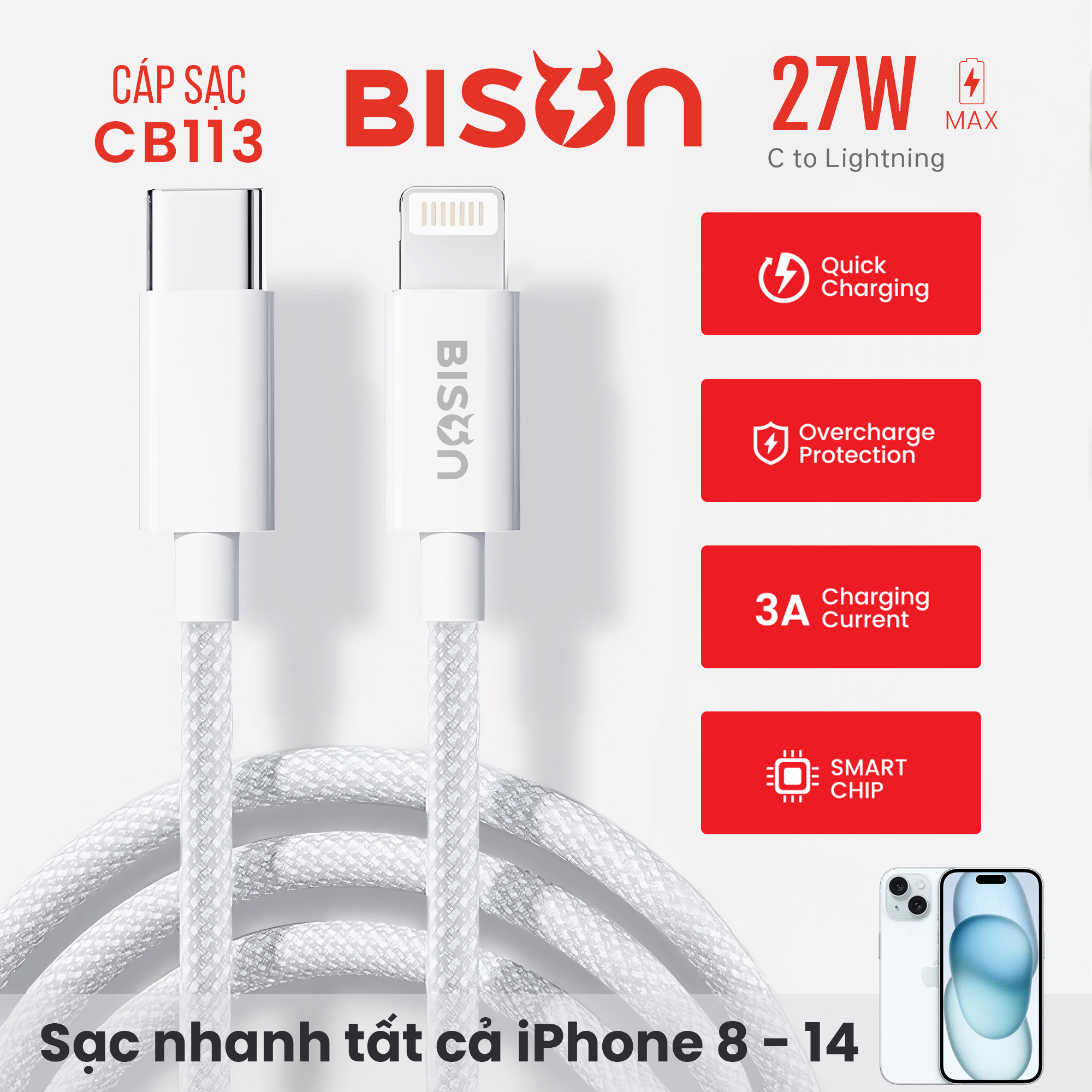 Cáp sạc Bison bọc dù 27W, USB-C to Lightning (C to L), CB113 (2)