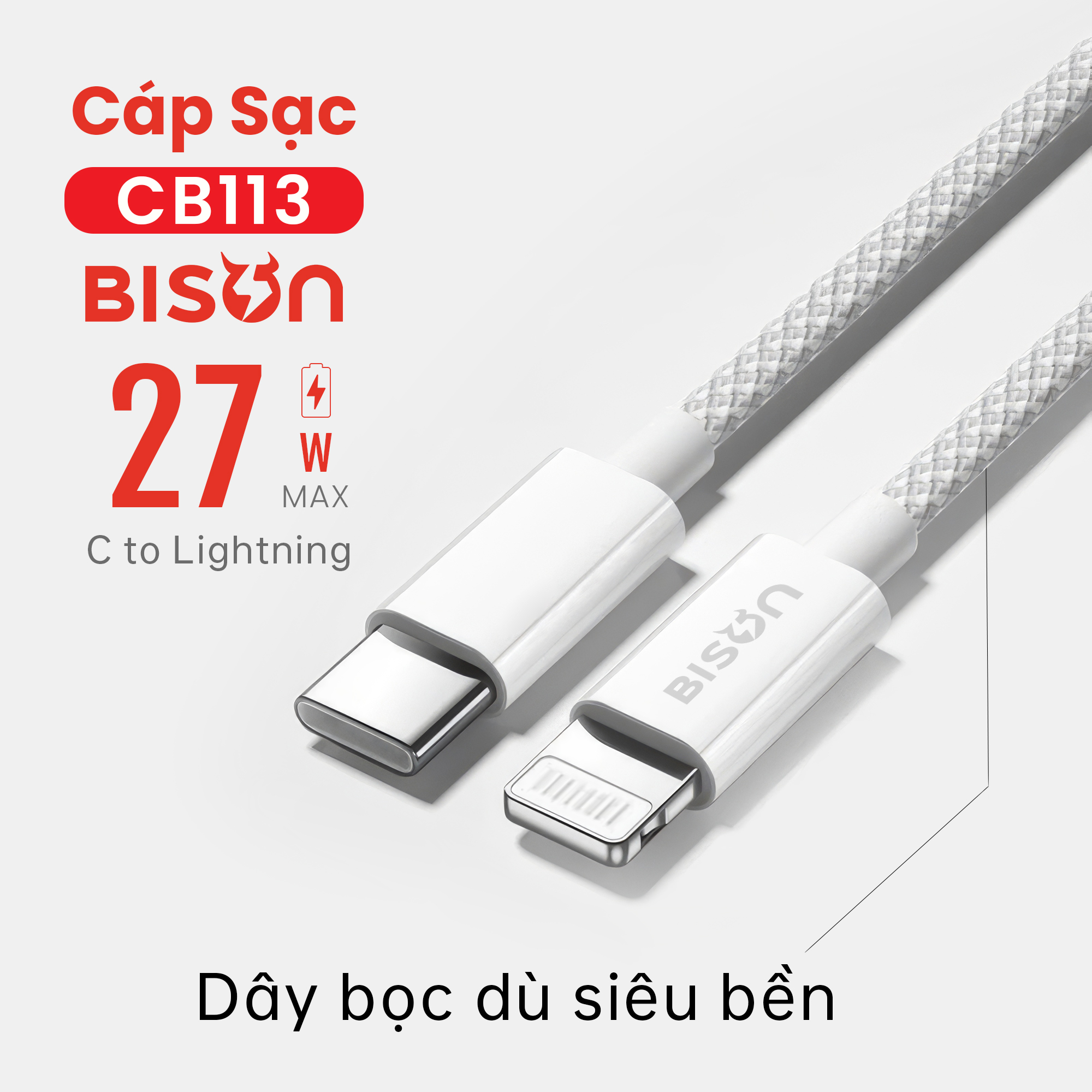 Cáp sạc Bison bọc dù 27W, USB-C to Lightning (C to L), CB113 (3)