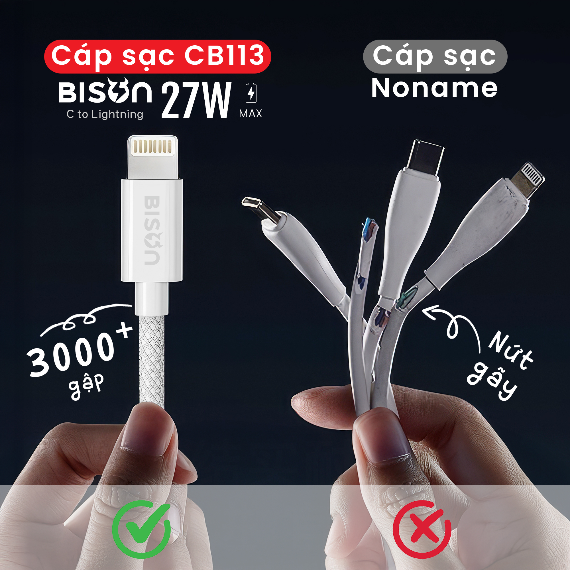 Cáp sạc Bison bọc dù 27W, USB-C to Lightning (C to L), CB113 (6)