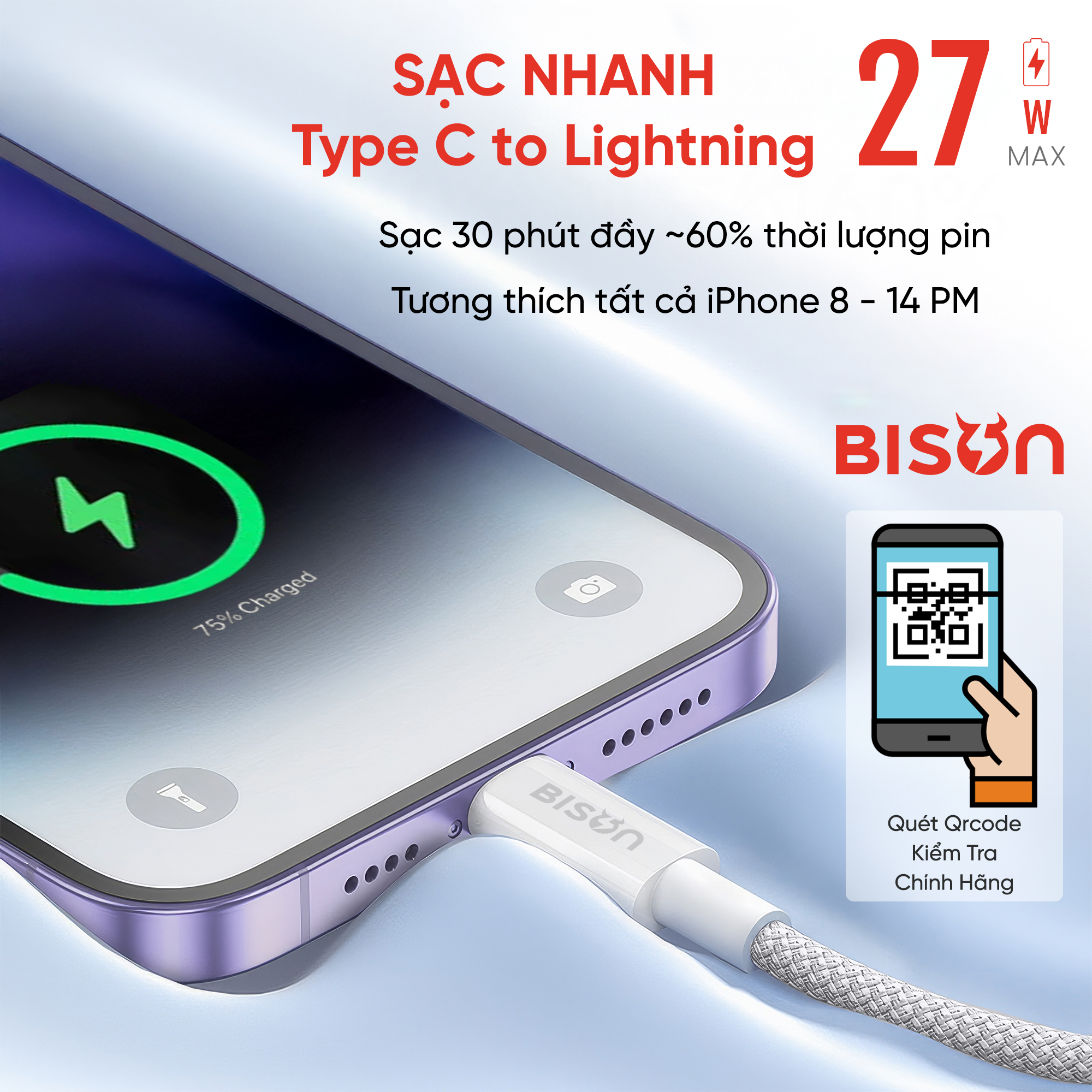 Cáp sạc Bison bọc dù 27W, USB-C to Lightning (C to L), CB113 (7)