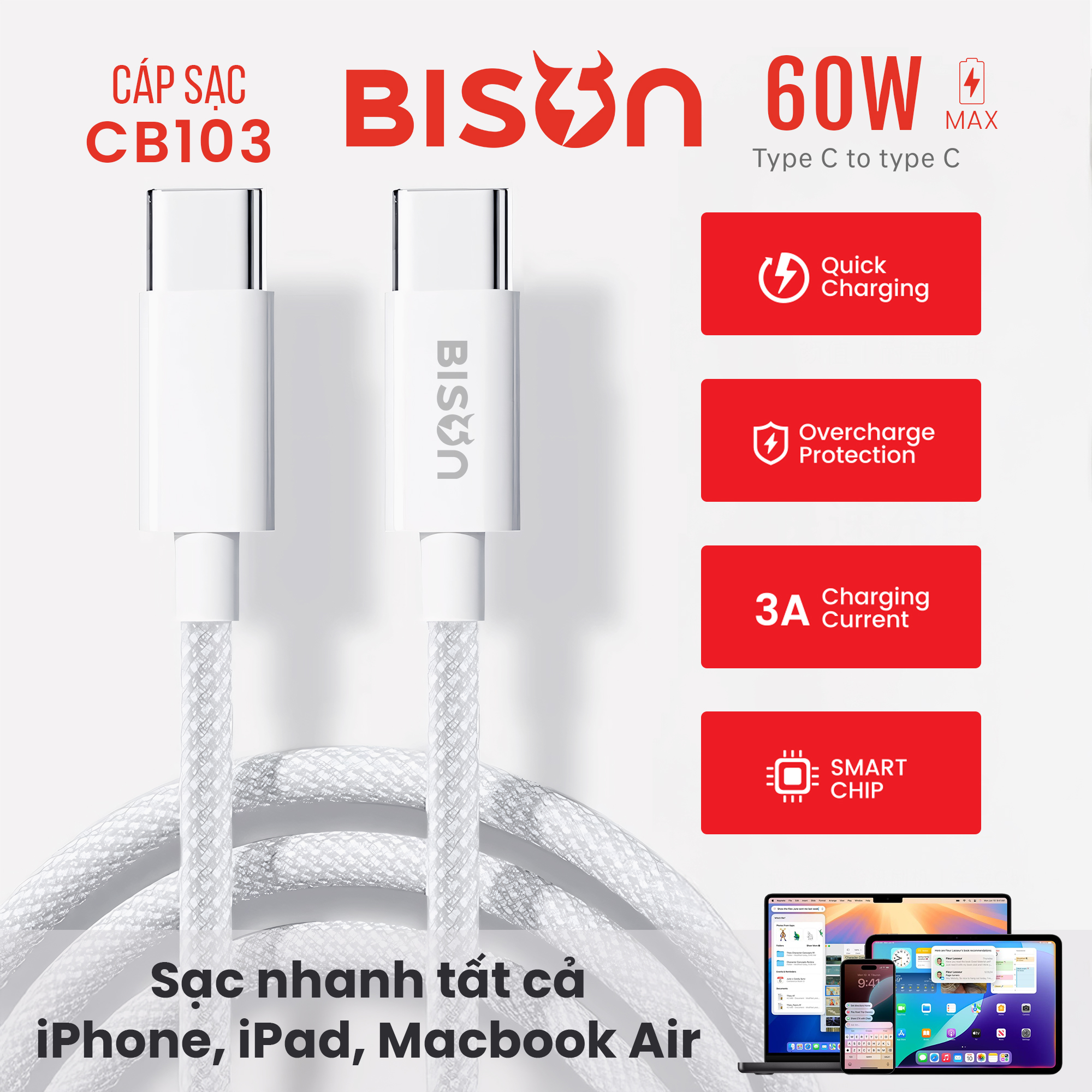 Cáp sạc Bison bọc dù 60W, USB-C to C (C to C), CB103 (2)