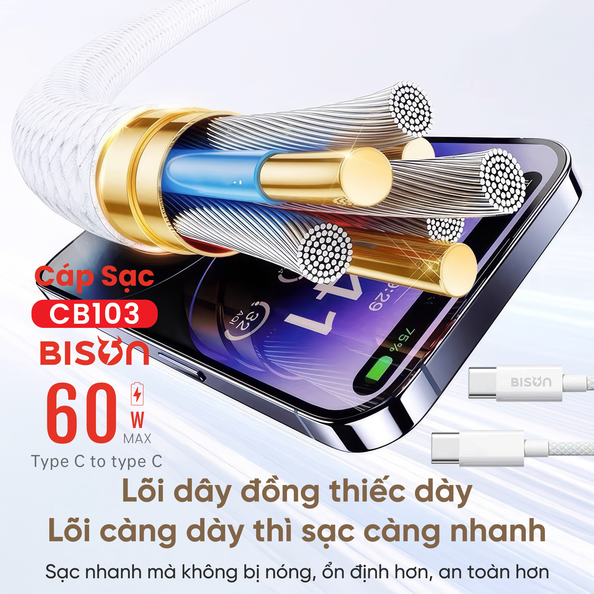 Cáp sạc Bison bọc dù 60W, USB-C to C (C to C), CB103 (5)