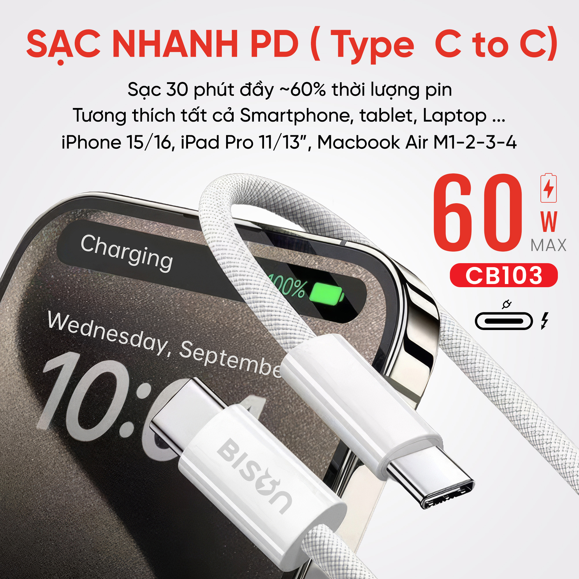 Cáp sạc Bison bọc dù 60W, USB-C to C (C to C), CB103 (6)