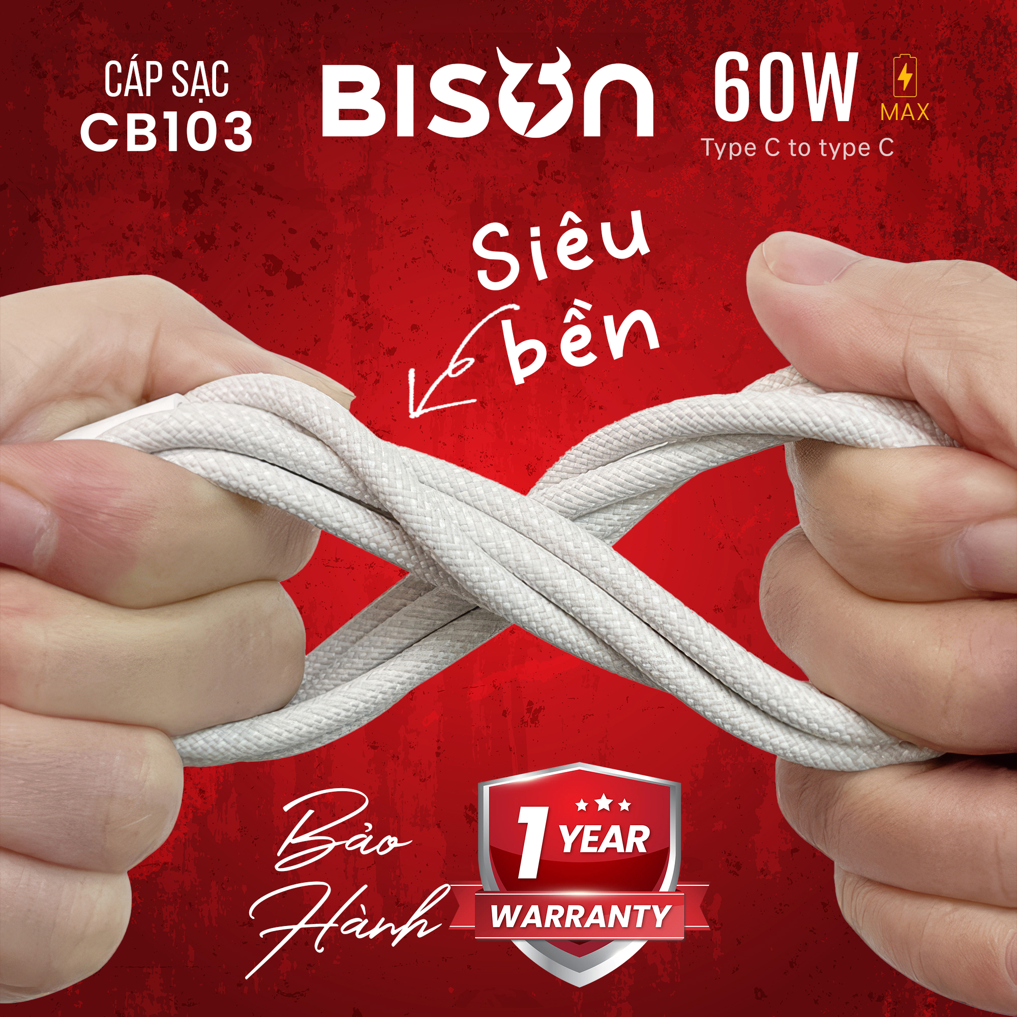 Cáp sạc Bison bọc dù 60W, USB-C to C (C to C), CB103 (9)