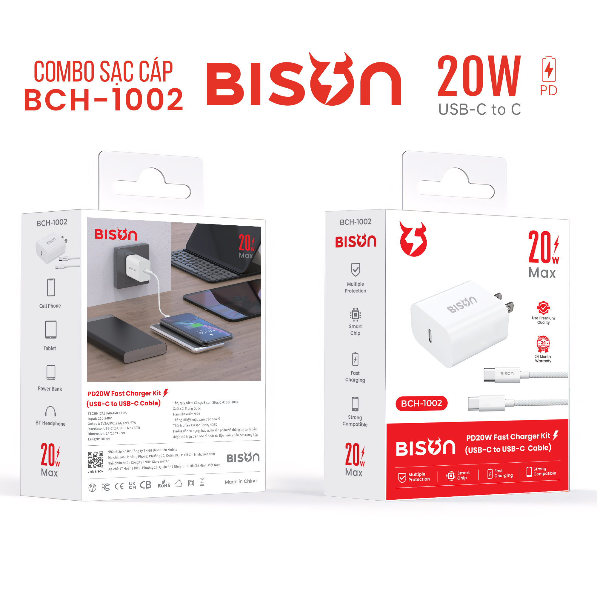 Combo sạc cáp Bison 20W, USB-C to C (C to C), BCH1002 (1)