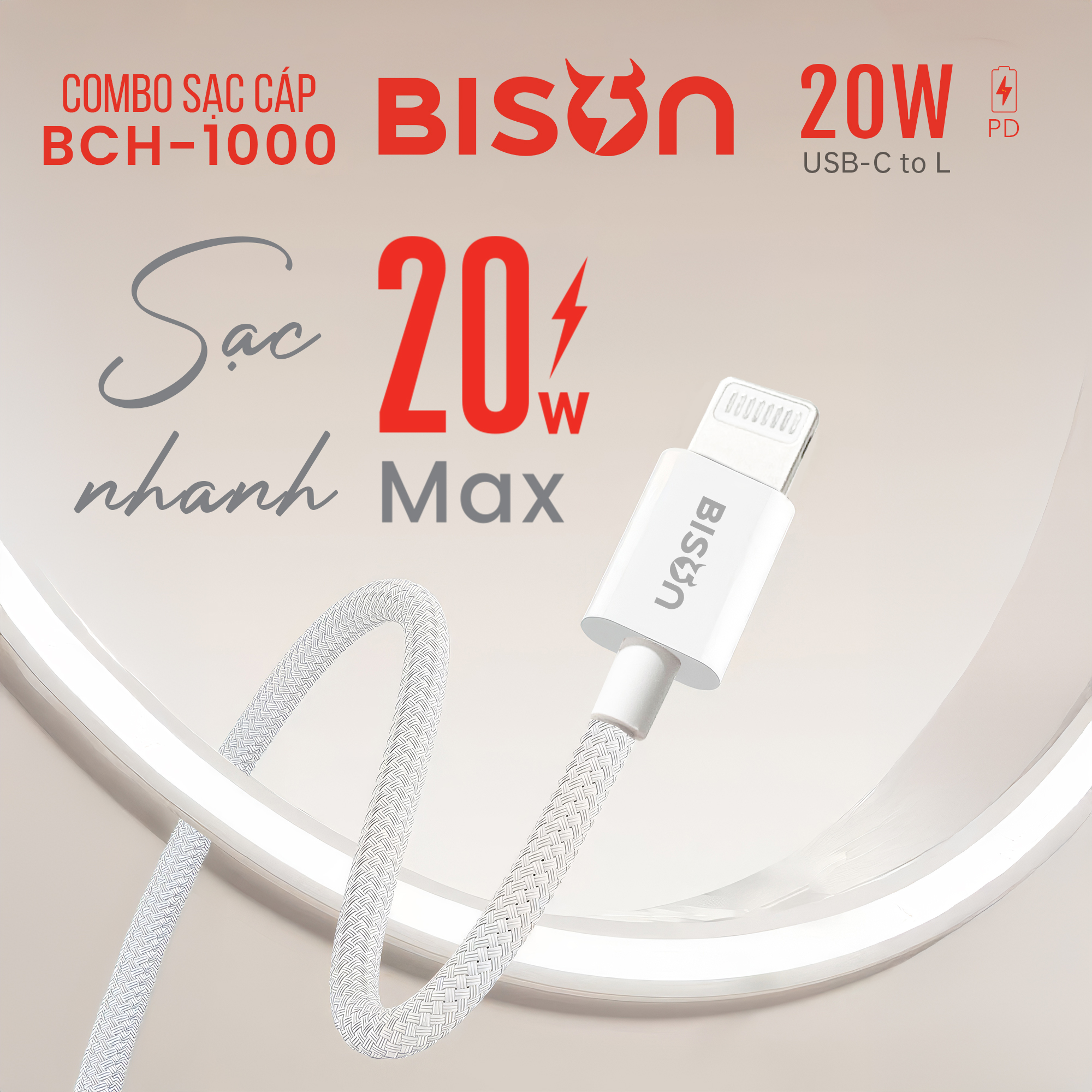 Combo sạc cáp Bison 20W, USB-C to Lightning (C to L), BCH1000 (5)