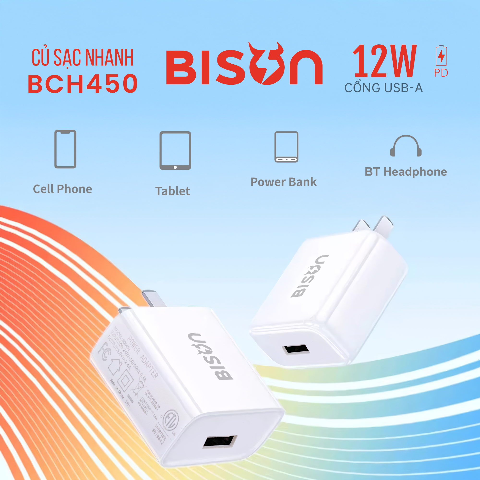 Củ sạc Bison 12W USB-A, nhỏ gọn 34gram, BCH450 (2)