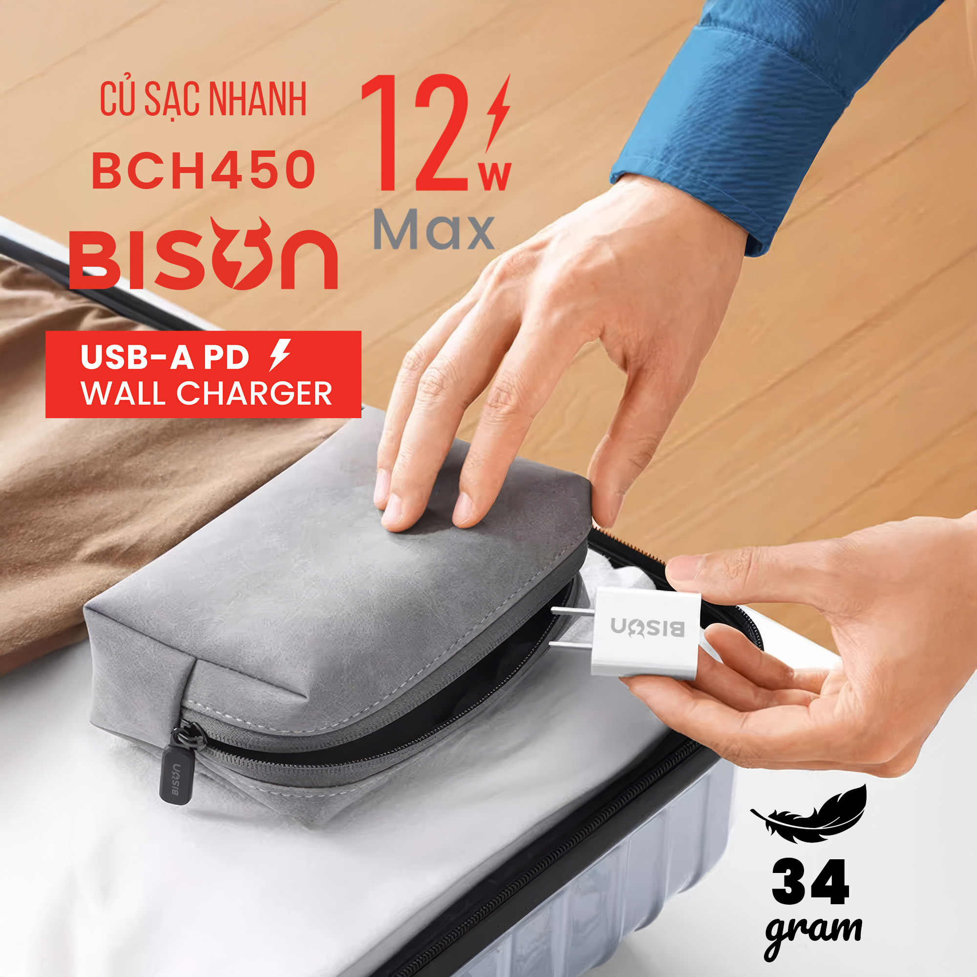 Củ sạc Bison 12W USB-A, nhỏ gọn 34gram, BCH450 (3)