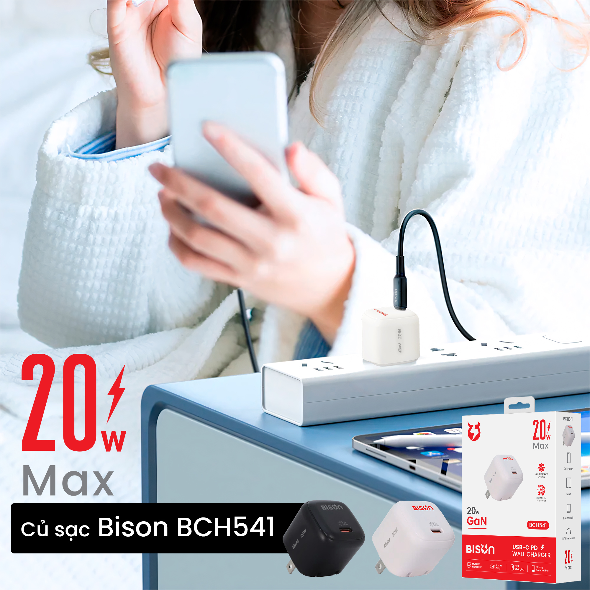 Củ sạc Bison GaN mini 20W USB-C, sạc nhanh PD, BCH541 (6)