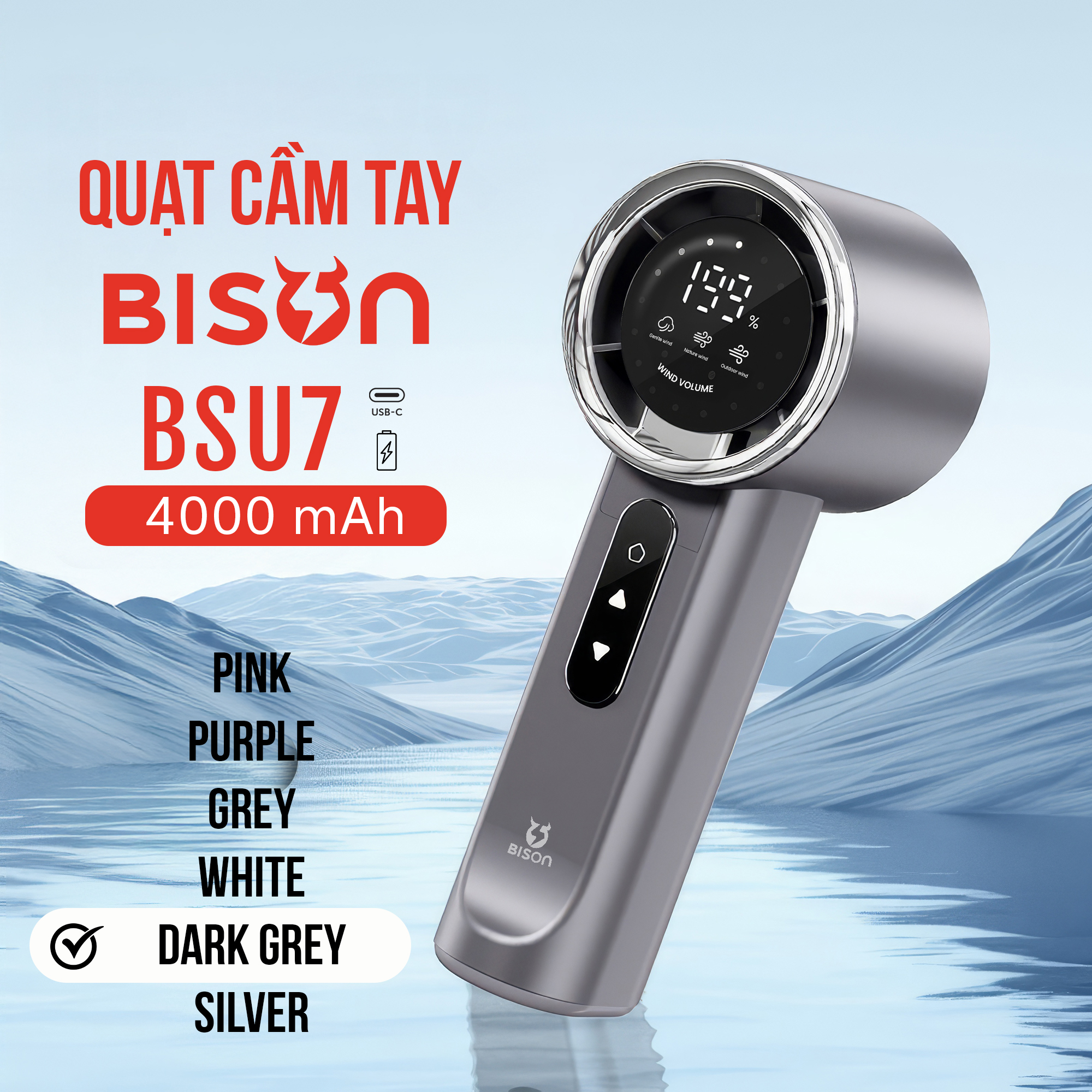 Quạt cầm tay Bison BSU7 cao cấp, tích điện 4000mAh, sạc type C, 199 tốc độ gió (6)