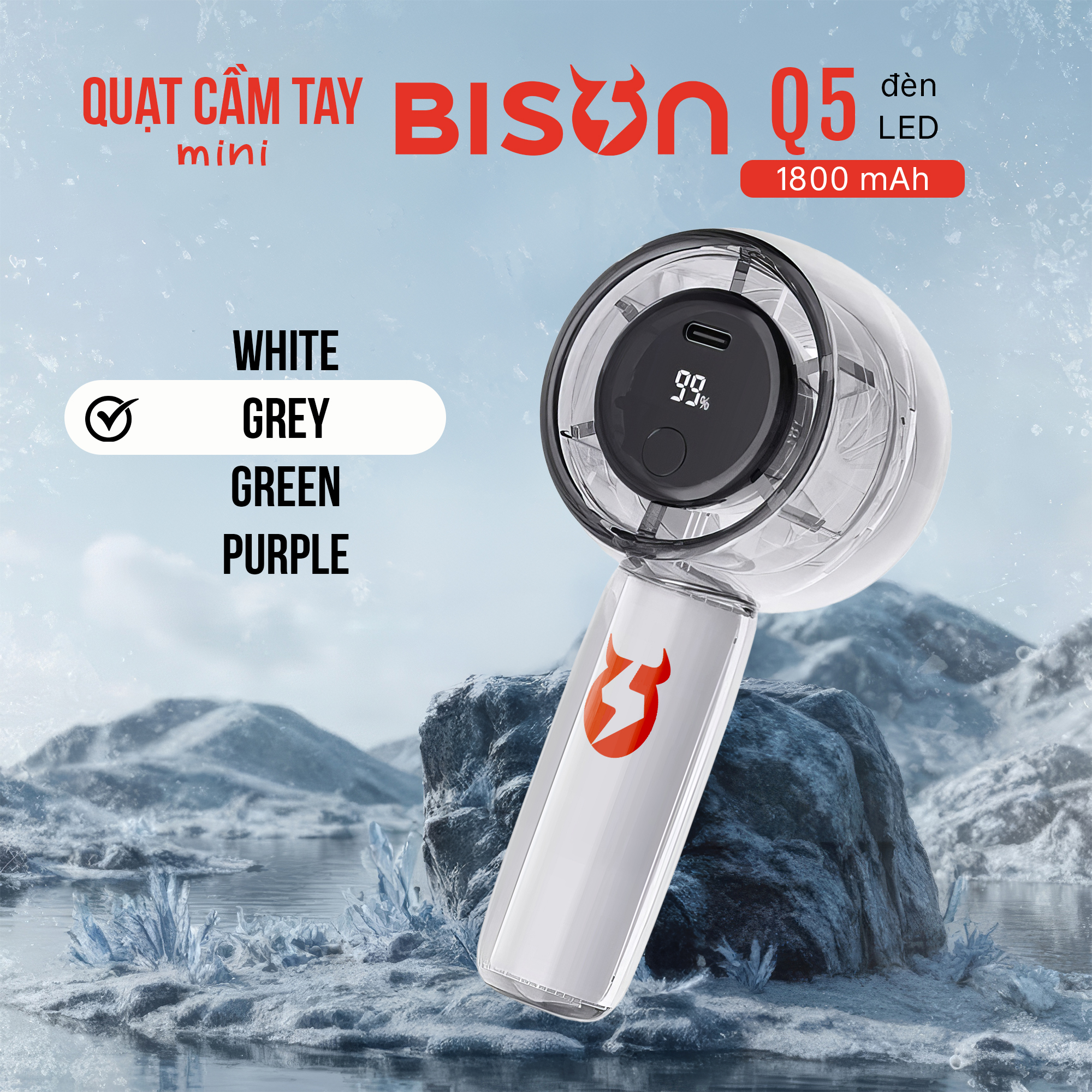 Quạt cầm tay Bison Q5 mini, nhỏ gọn, tích điện 1800mAh, sạc type C, 100 tốc độ gió (3)