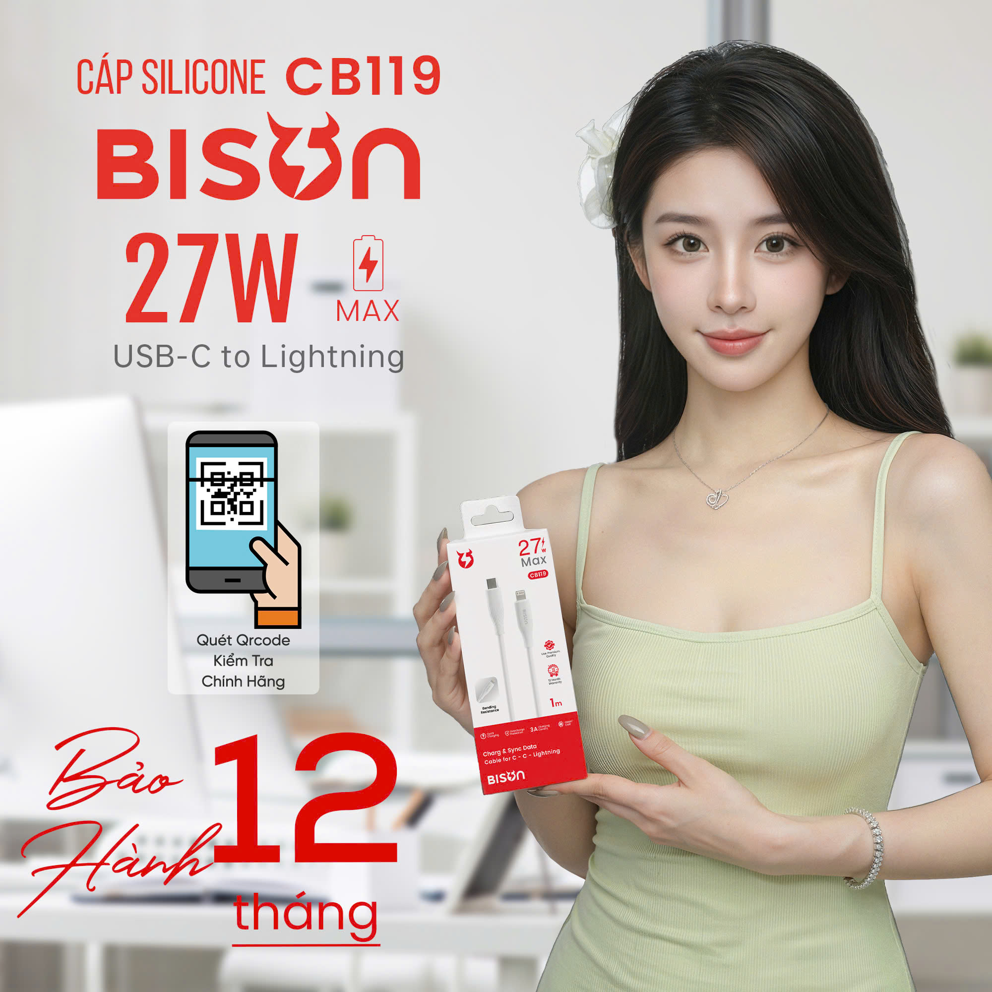 Cáp sạc Bison 27W USB-C to Lightning, sạc nhanh 3A 9V, bọc silicone, màu trắng CB119-10