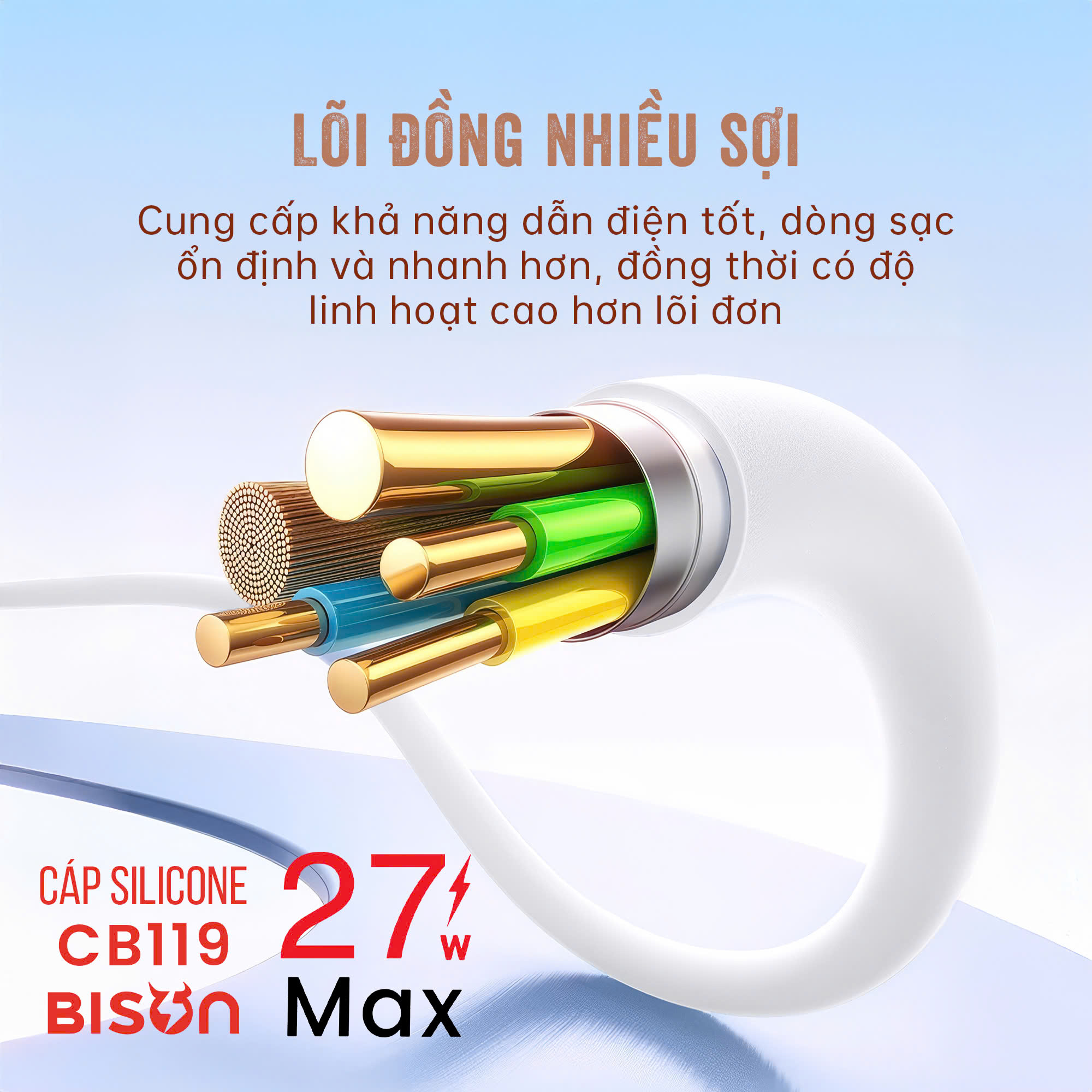 Cáp sạc Bison 27W USB-C to Lightning, sạc nhanh 3A 9V, bọc silicone, màu trắng CB119-5