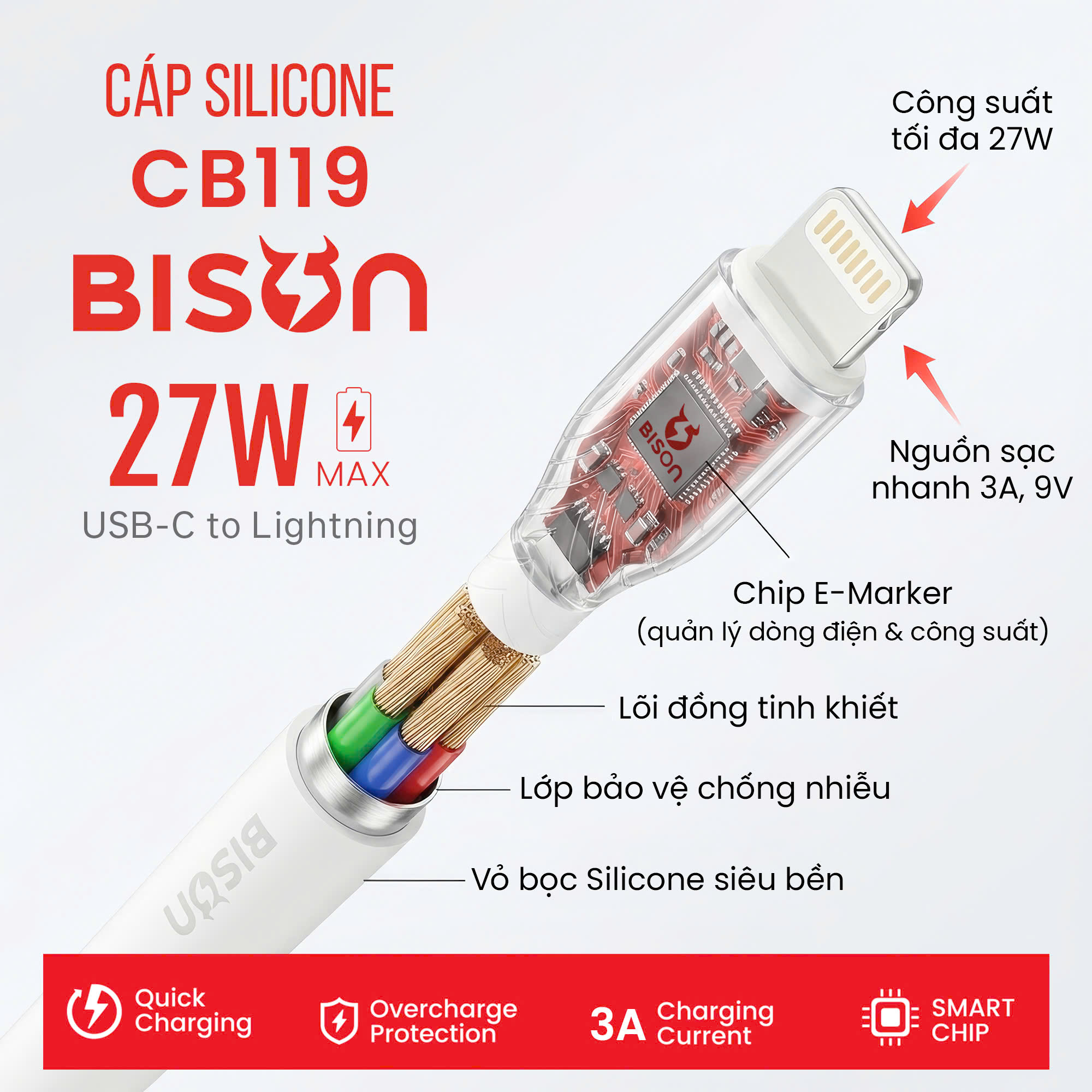 Cáp sạc Bison 27W USB-C to Lightning, sạc nhanh 3A 9V, bọc silicone, màu trắng CB119-6