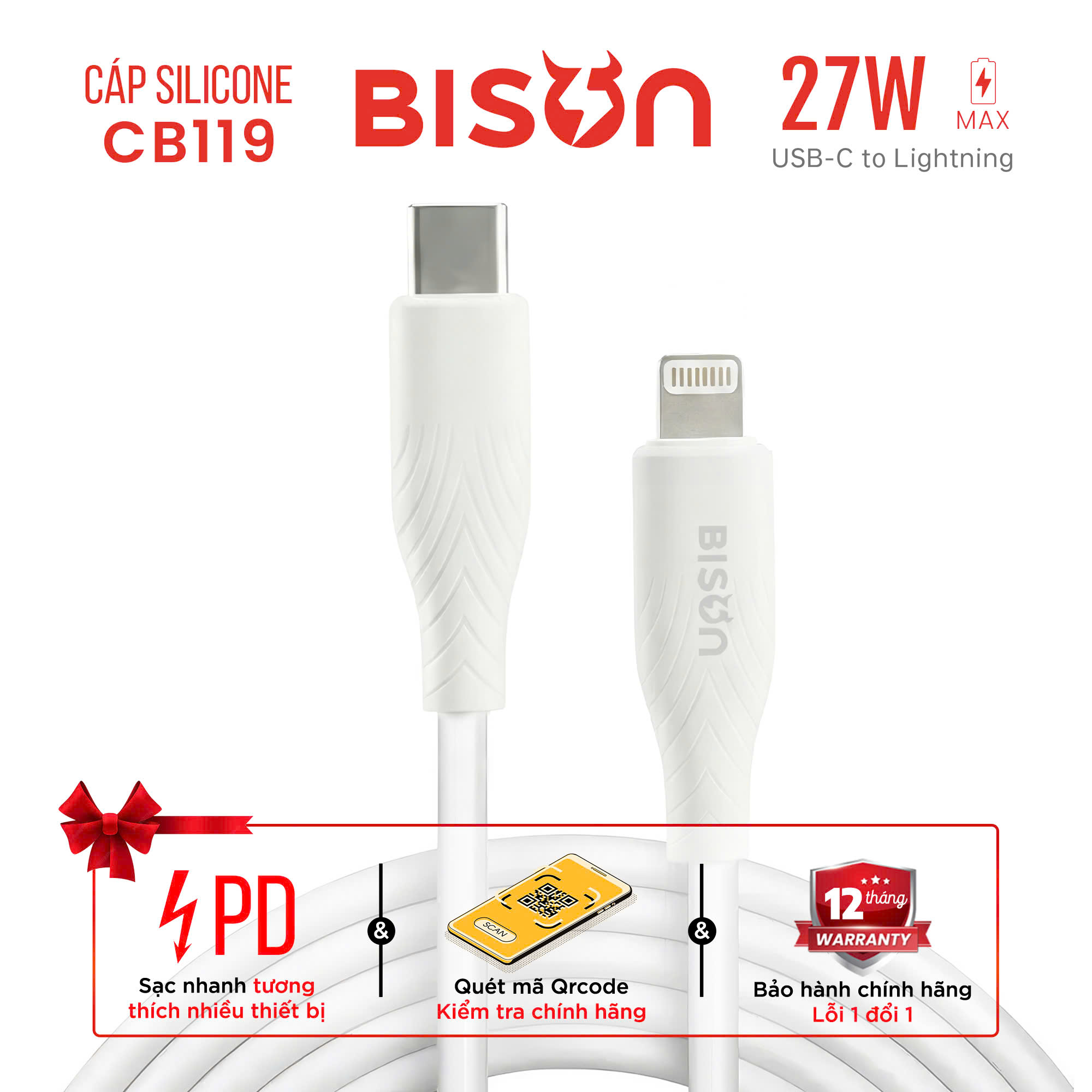 Cáp sạc Bison 27W USB-C to Lightning, sạc nhanh 3A 9V, bọc silicone, màu trắng CB119-8