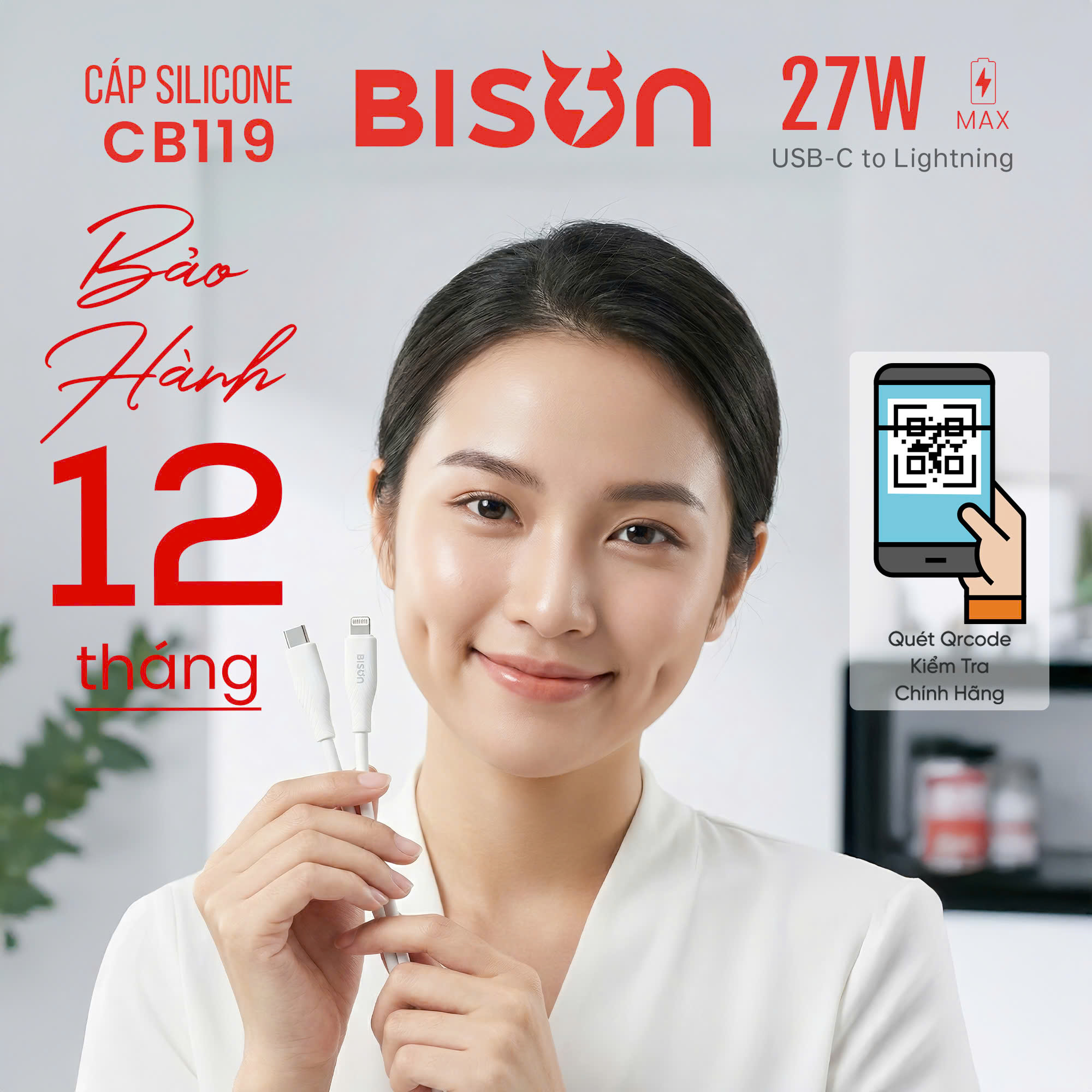 Cáp sạc Bison 27W USB-C to Lightning, sạc nhanh 3A 9V, bọc silicone, màu trắng CB119-9