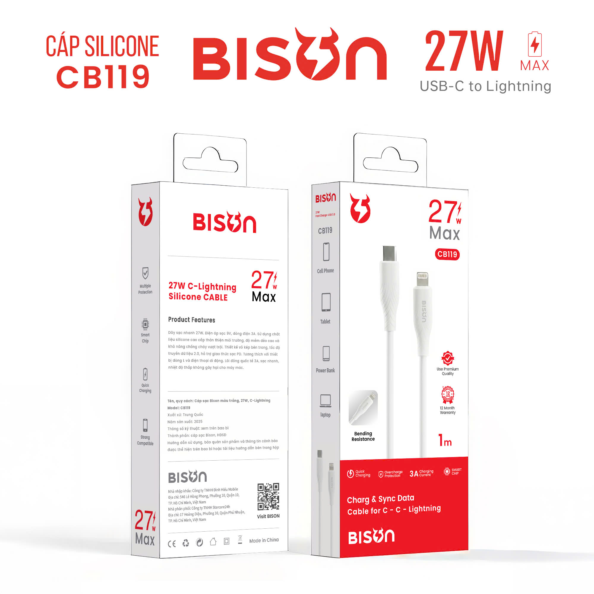 Cáp sạc Bison 27W USB-C to Lightning, sạc nhanh 3A 9V, bọc silicone, màu trắng CB119