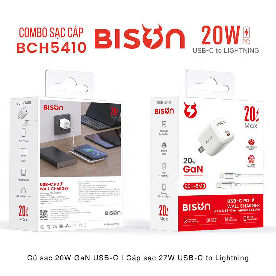 Combo sạc cáp Bison 20W USB-C, cáp sạc 27W bọc dù, BCH5410 (1)