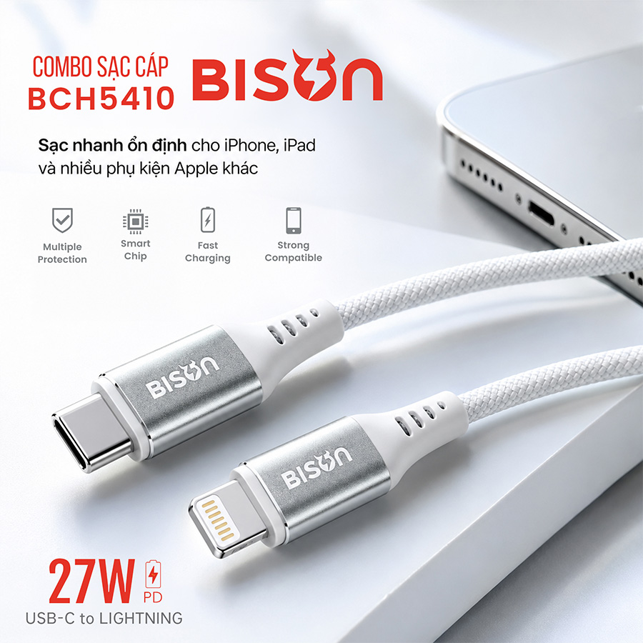 Combo sạc cáp Bison 20W USB-C, cáp sạc 27W bọc dù, BCH5410 (7)