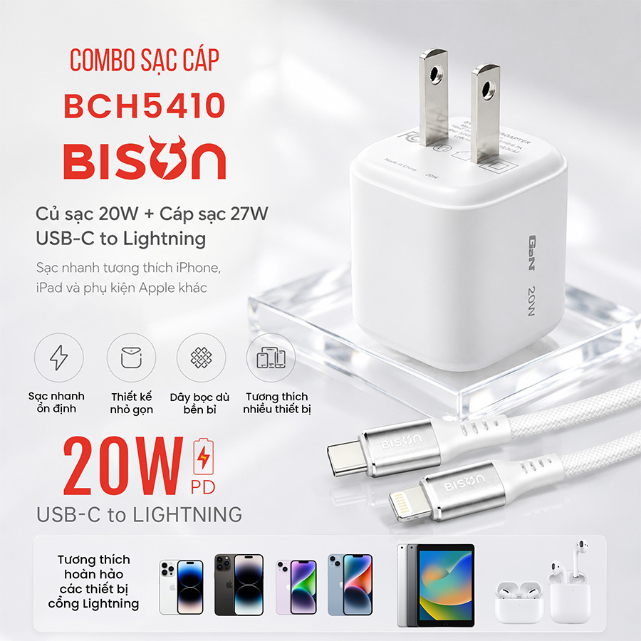 Combo sạc cáp Bison 20W USB-C, cáp sạc 27W bọc dù, BCH5410 (8)